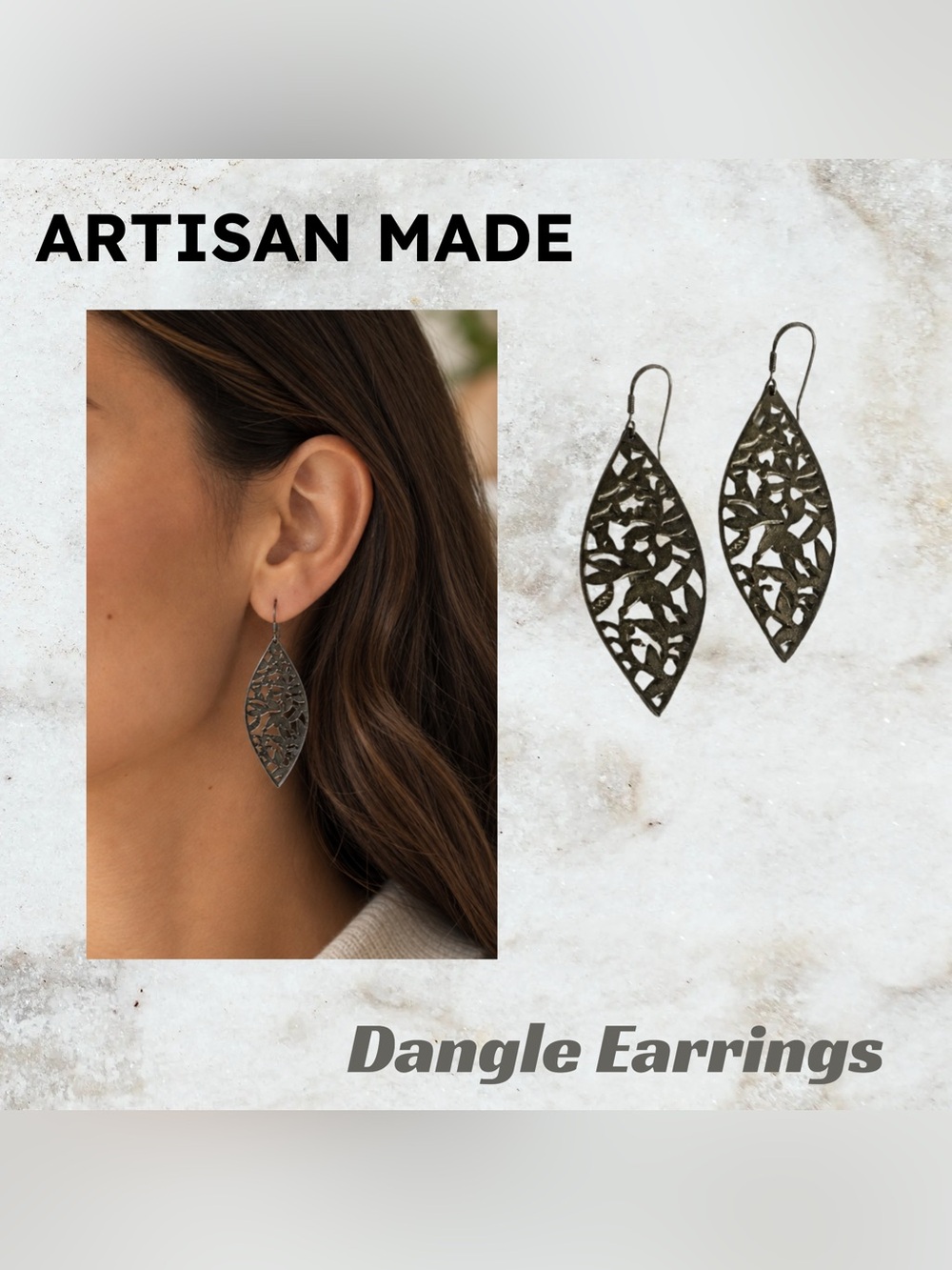 🇨🇦👍GUC ARTISAN MADE | 6 cm | Airy Chic Boho Leaf Filigree Dangle Hook Earrings